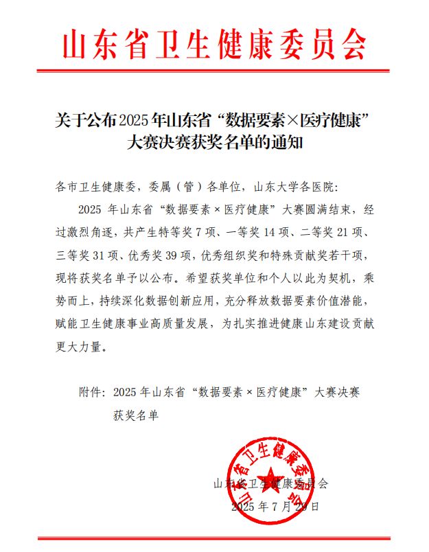 肥城市荣获山东省“数据要素×医疗健康”大赛人工智能场景应用赛道二等奖