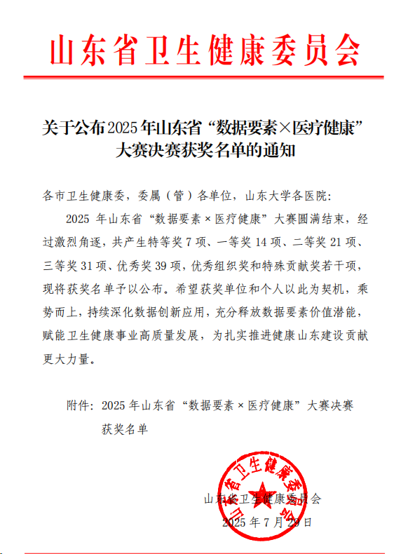 齐鲁医院德州医院荣获山东省“数据要素×医疗健康”大赛一等奖